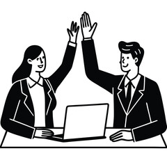 Two business colleagues high five over a laptop success