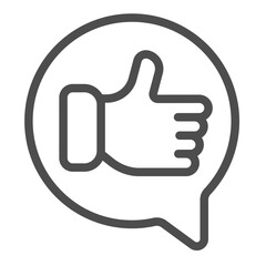 Obraz premium Popup with thumb up hand line icon, psychiatry concept. Vector graphics. Like symbol in speech dialog, positive review sign on white background, outline style icon for mobile or web design.