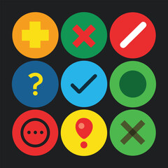 Fototapeta premium Yellow plus green cross red slash blue checkmark question mark