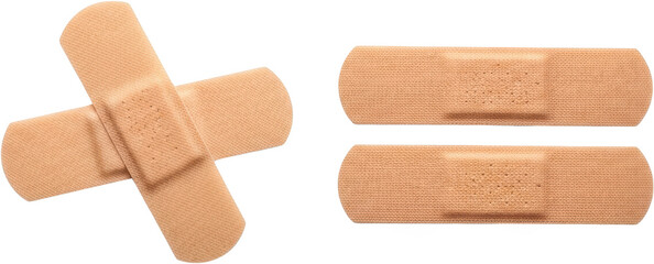 Three tan fabric band aids two side by side one angled over another bandaid transparent background