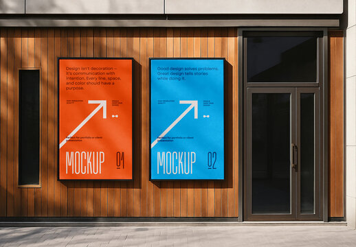 Wall Mounted Poster Mockup on Wood Cladding Exterior &ndash; Dual Frame Display