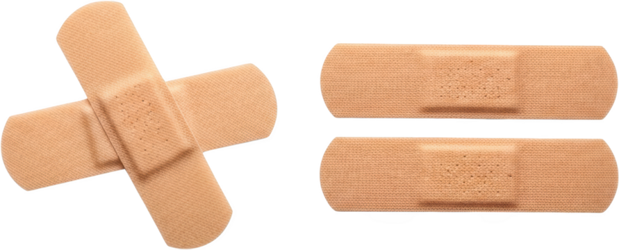 Three tan fabric band aids two side by side one angled over another bandaid transparent background