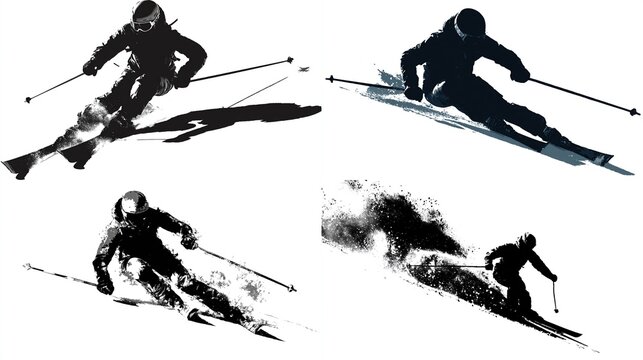Four ski racers in dynamic poses, stylized silhouettes against white background.  Snow and ski trails depicted with texture