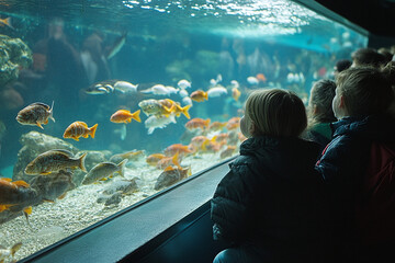 A captivating underwater scene of children viewing vibrant fish in an aquarium. The image captures curiosity, education, and the wonders of marine life.