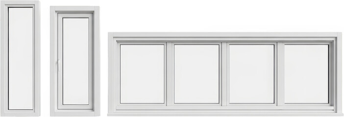Collection of modern white framed windows including a tall casement window and a wide panoramic window transparent background