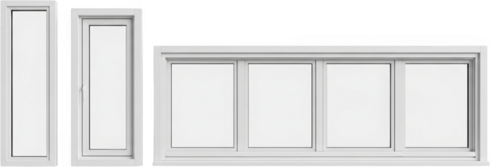 Collection of modern white framed windows including a tall casement window and a wide panoramic window transparent background
