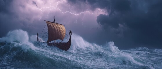 Journey of a Viking longship through tempestuous seas under a stormy sky