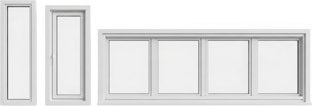 Collection of modern white framed windows including a tall casement window and a wide panoramic window transparent background