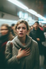 Woman expressing intense emotion in a bustling underground station filled with commuters
