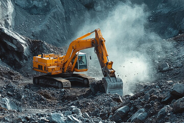 Powerful yellow excavator operating in a rocky mining site, breaking through massive boulders with hydraulic strength, representing industrial development