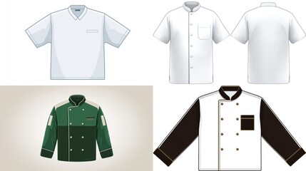 Various chef jackets and shirt designs rendered in an illustrative style