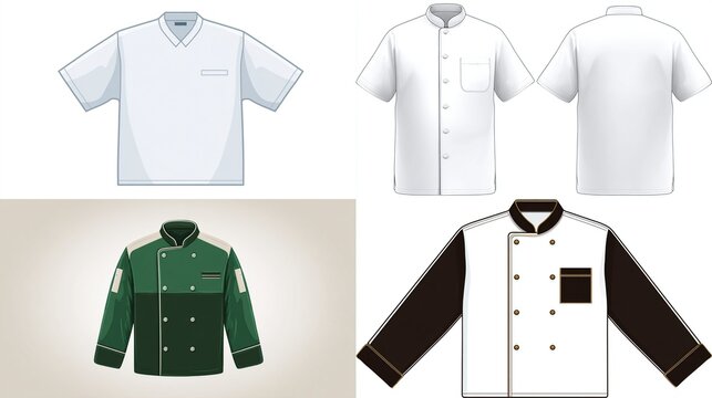 Various chef jackets and shirt designs rendered in an illustrative style
