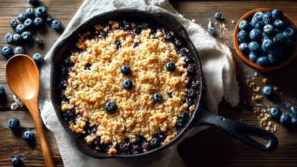 Cast-iron pan with blueberry and maple crumble, on top of a white linen napkin, wooden table with scattered ingredients for the cropped shoulder shot,