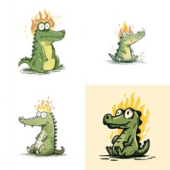 Obraz premium Cartoon alligator sitting with flames on head in four variations on white background