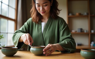 Woman ready for making matcha green tea drink at home using tea ceremony set. High quality