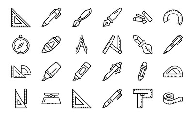 Collection of minimalist outlined school and office supplies icons and elements