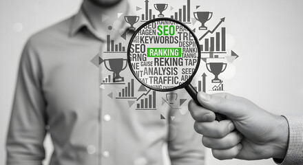 SEO Strategy: Magnifying Glass Revealing Keywords, Ranking, and Web Traffic