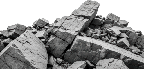 Rough pile of fractured grey granite rocks with visible cracks and textured surfaces transparent background