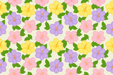 Colorful hibiscus flowers in pastel tones of yellow, pink, and lavender with green leaves create a vibrant seamless pattern perfect for summer-themed designs.