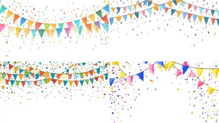 Four bright scenes of triangle pennant banners amidst scattered confetti on white