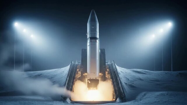 A futuristic rocket prepares for liftoff from a launchpad on the moon under spotlights, representing space colonization, advanced technology and space exploration