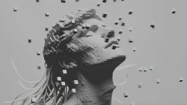 Greek statue transforming into fragments. Man's face disintegrating. Artistic video concept of decay, change, and transience. Black and white surreal animation for visual art project.