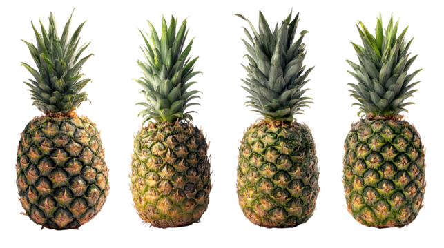 Trio of pineapples, a vibrant display of fresh, ripe, tropical fruit three