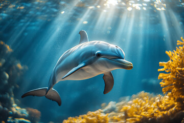 Obraz premium Dolphin Swimming Gracefully Among Colorful Underwater Coral Reef 
