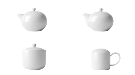 Four elegant white teapots with lids, a picture of classic kitchenware for tea lovers