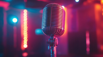 Vintage Microphone With Neon Lights in a Vibrant Studio Setting. Copy space, banner