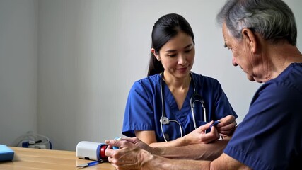 Nurse measuring blood pressure of senior man during medical checkup at clinic.
