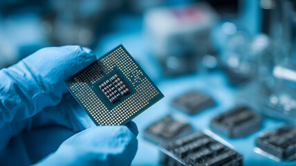 Close up of a computer processor chip held by a gloved hand against a blurred background