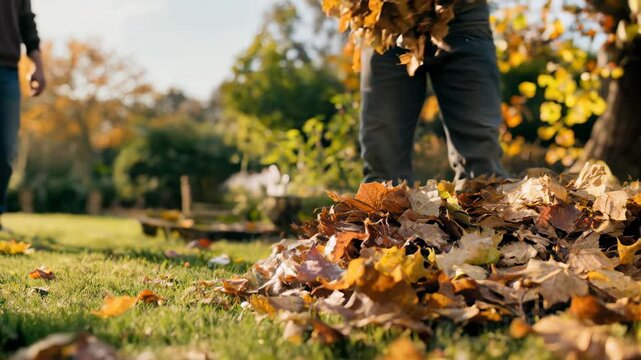 Autumn garden cleanup with men collecting fallen leaves in sunlight.