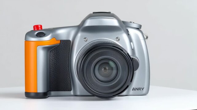 90s gadgets in motion, A modern digital camera with an orange and silver body, featuring a large lens and a red button, placed on a plain surface.