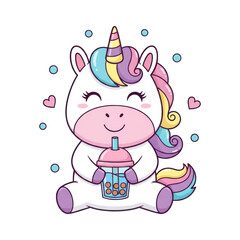 Adorable cartoon unicorn with rainbow mane enjoys delicious bubble tea, sitting against transparent background