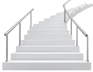 Long Staircase with Silver Railings Viewed from Bottom-Up, Transparent Background PNG