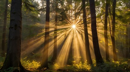 Fototapeta premium Sunlight Through Forest – Magical Nature Light Rays
