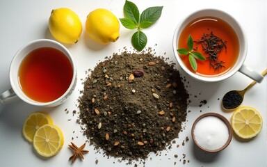 Creative composition witn variety of tea, sugar, lemon and other accessories for making tea. High quality