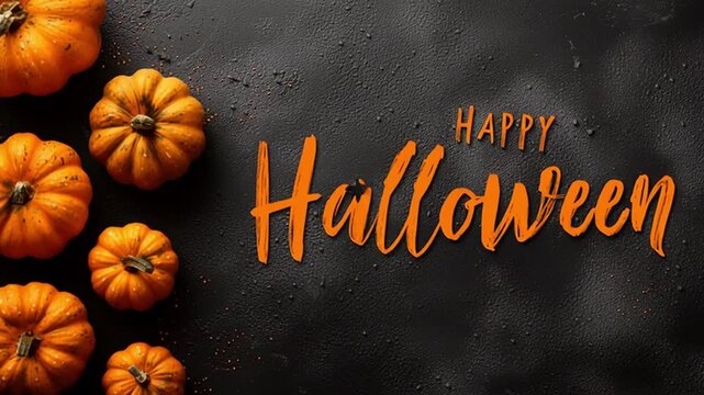 Happy Halloween Text with Orange Pumpkins on Black Textured Background &ndash; Festive Autumn Greeting