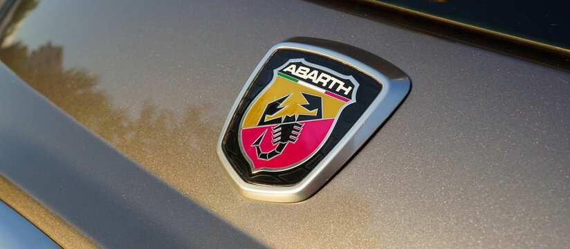 Bucharest, Romania &ndash; July 20, 2025: Abarth logo on rear of Fiat Abarth silver car