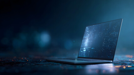 Laptop displaying digital circuitry data flow with blue and teal bokeh background and surface
