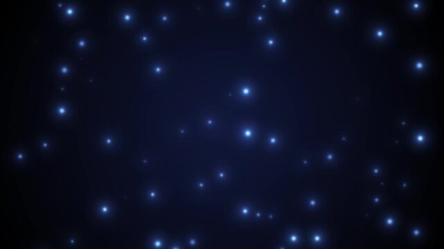 Fireflies flying in the night. Blue sparkles on a dark blue background. Abstract lightning bugs in the evening sky. Glowing stardust light effect. Festival Christmas, New Year. 4K video