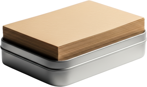 Stack of brown paper cards in a silver metal tin isolate stationery blank