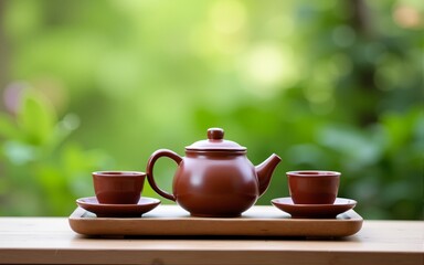 Little brown ceramic teapot and cups on wooden stand, green garden background. Close-up, copy space, horizontal layout. High quality