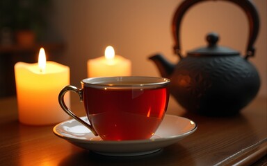 Composition with tea in cup and teapot and candles. High quality
