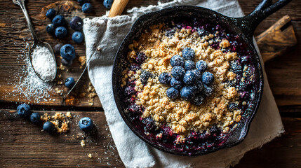 Cast-iron pan with blueberry and maple crumble, on top of a white linen napkin, wooden table with scattered ingredients for the cropped shoulder shot,