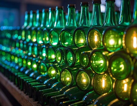 Rows of green glass bottles are stacked horizontally, creating a repeating pattern with light shining through the glass.