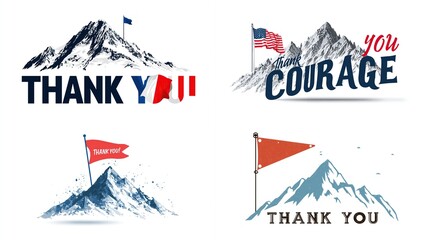 Four graphic designs, each featuring mountain ranges, flags, and motivational text
