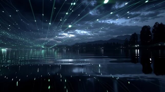 neon particle streams floating just above a reflective lake at night, synced like fireflies in slow motion