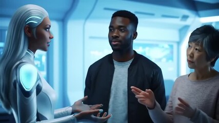 A futuristic scene depicting a diverse group interacting with a holographic interface in a high-tech environment - Powered by Adobe